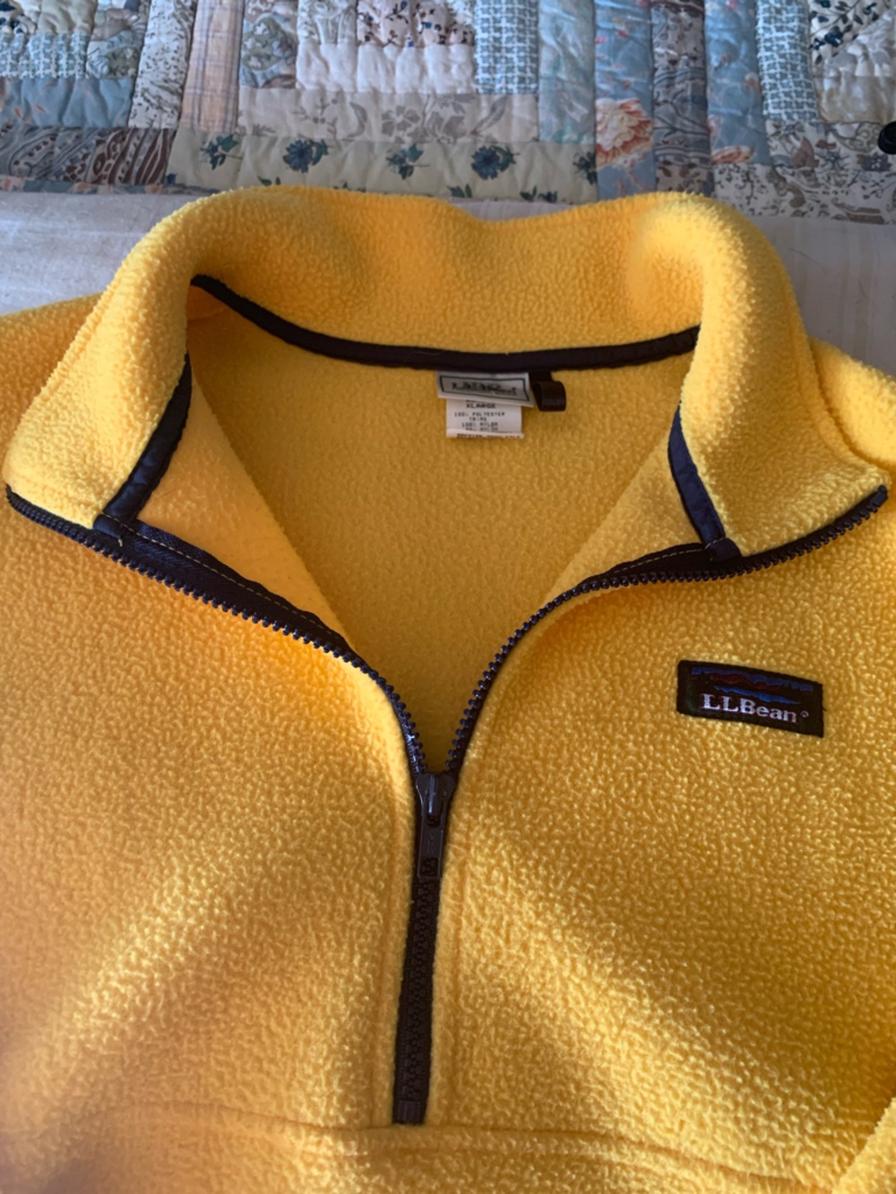 L.L. Bean Bright Yellow Fleece Pullover Jacket with Navy blue trim - Picture 2 of 5